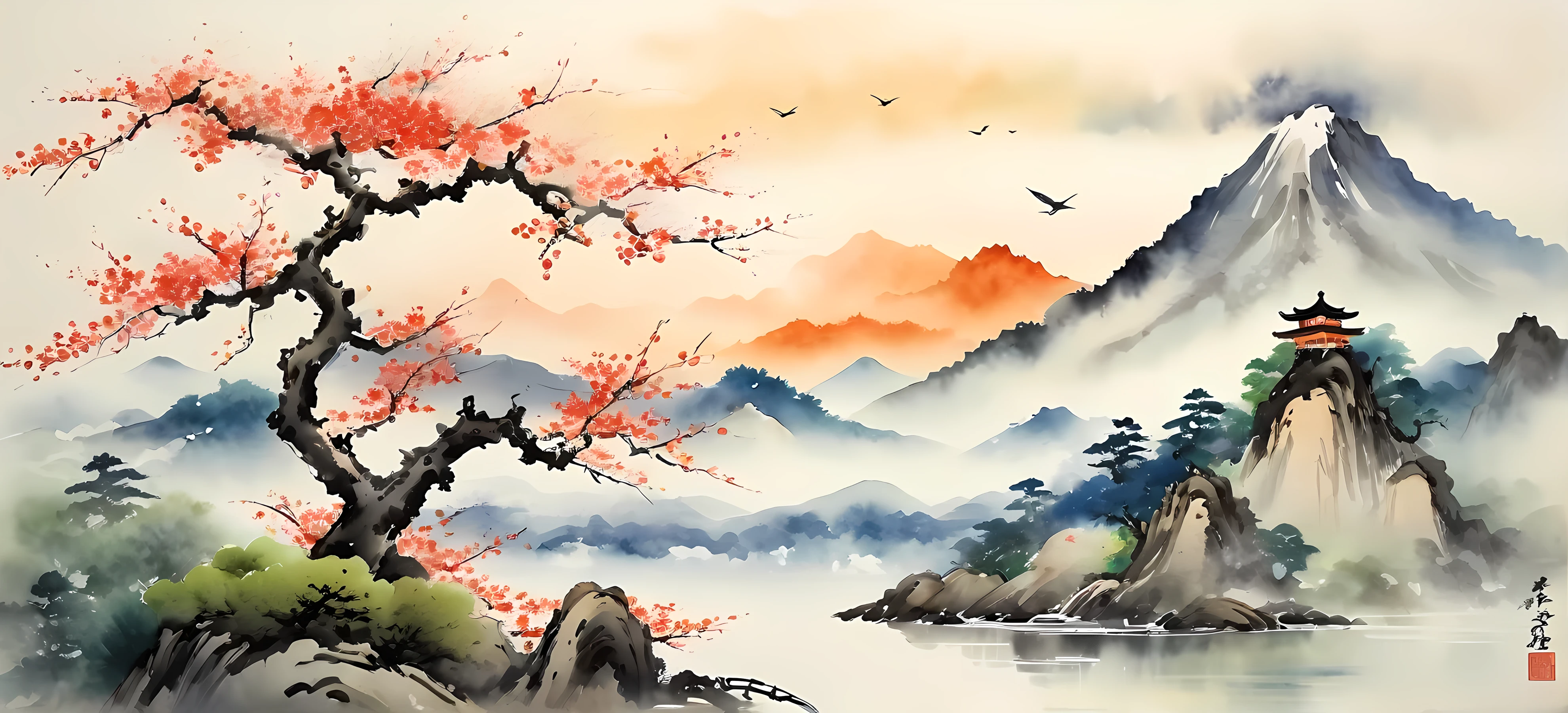 painting of a landscape with a tree and a mountain in the background, japanese watercolor, japanese style painting, traditional chinese watercolor, chinese watercolor style,