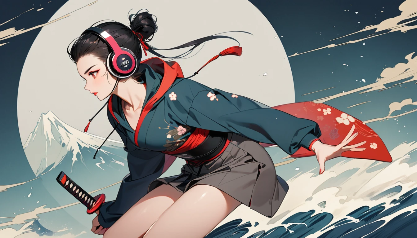 (((独奏))), (((Flashy makeup))), (((Japanese style headphones))), (((Japanese pattern hoodie))), (((Japanese sword))), (((Female samurai))), Japanese beautiful girl, Black Hair, Delicate and precise, Modern ukiyo-e style, Japanese flag, battle mode