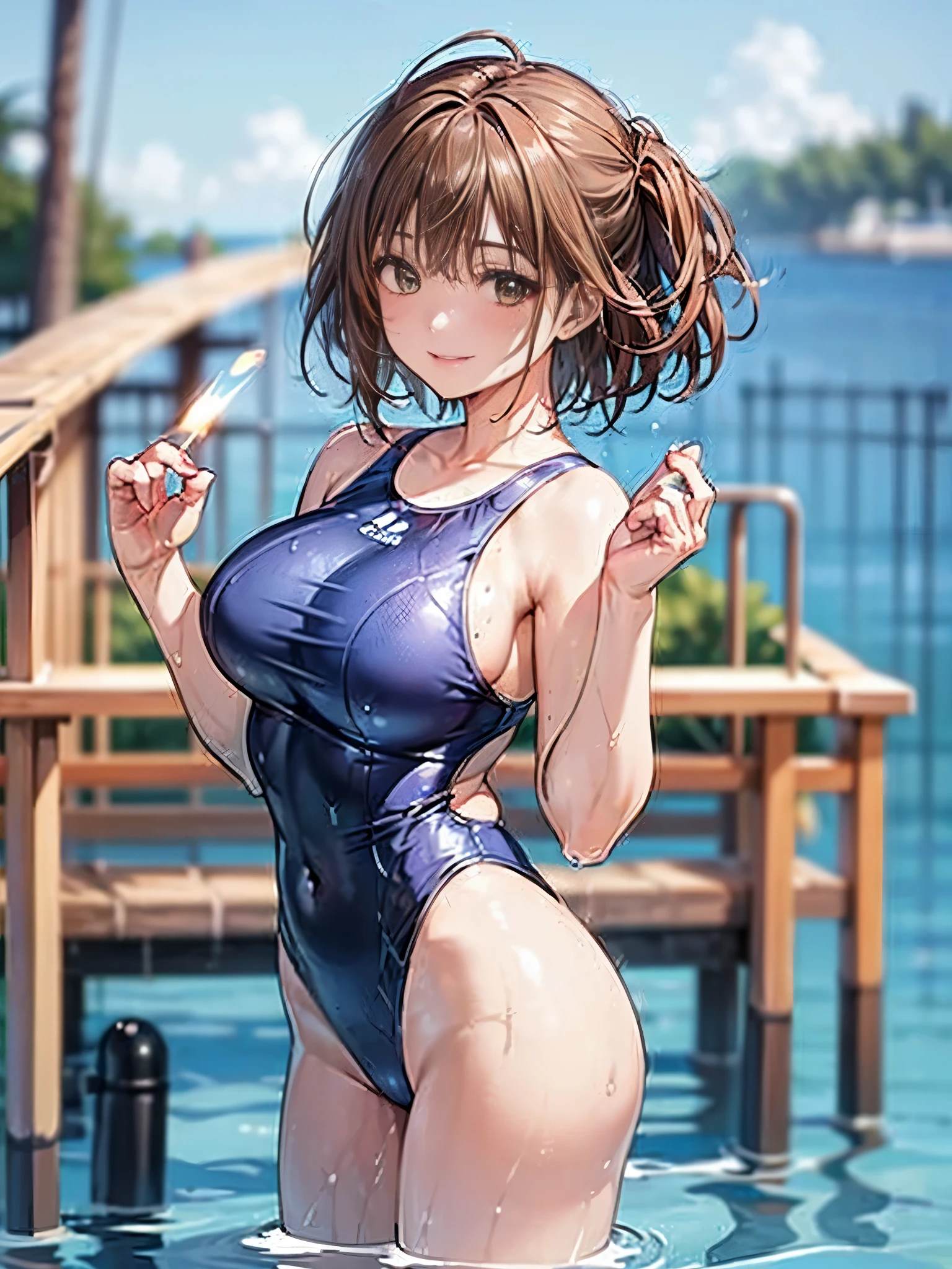 (highest quality: 1.3), (masterpiece: 1.3), (Super detailed: 1.3), (wallpaper, one girl: 1.1)、(delicate hands and fingers:1.2)、(Are you okay, Super oily and shiny skin:1.1)、Oily and shiny thighs、(Introducing a beautiful red and white two-tone one-piece school swimsuit:1.2)、(brown hair:1.2)、smile、(beautiful big breasts:1.3)、medium hair、beautiful sister、(resort:1.3),maldives、(beautiful light blue water surface:1.2)、no waves、overwater bungalow、1 pier、Stand on the pier、Rear view、sexy pose、my hair is wet、body gets soaked、swimsuit is wet、sensual look
