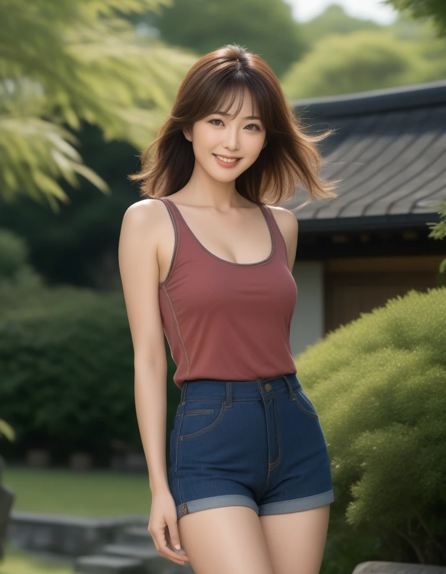 masterpiece, best quality, high resolution, 8k, professional lighting, natural skin, beautiful face and eyes, 1 Japanese woman, beautiful mature, 40 years old, from front, full body, standing in European garden, clump body, tight tank top and short jeans, well-shaped medium breasts and ass, long shaggy hair fluttering in soft wind, smile,