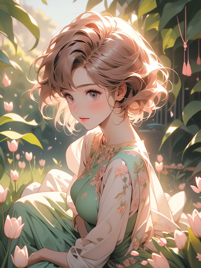 sitting, wariza, from above, spring clothes, light green floral print dress, pumps, Lots of colorful tulips, flower fields, warm atmosphere, rays of light from trees, backlit, profile
upper body, twinkle smile, 1girl, solo, 16years old, detailed beautiful face and eyes, brown eyes, (flat breasts:1.3), (very short hair:1.2), (bangs:1.2), (brown pink hair:1.2), hair fluttering, (well-proportioned body:1.2), (dynamic angle:1.3)
(masterpiece:1.2) , (best quality:1.2) , (ultra-detailed:1.2), more prism, vibrant color, ,hair over eyes, hair over one eye