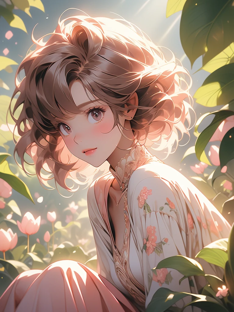sitting, wariza, from above, spring clothes, light green floral print dress, pumps, Lots of colorful tulips, flower fields, warm atmosphere, rays of light from trees, backlit, profile
upper body, twinkle smile, 1girl, solo, 16years old, detailed beautiful face and eyes, brown eyes, (flat breasts:1.3), (very short hair:1.2), (bangs:1.2), (brown pink hair:1.2), hair fluttering, (well-proportioned body:1.2), (dynamic angle:1.3)
(masterpiece:1.2) , (best quality:1.2) , (ultra-detailed:1.2), more prism, vibrant color, ,hair over eyes, hair over one eye