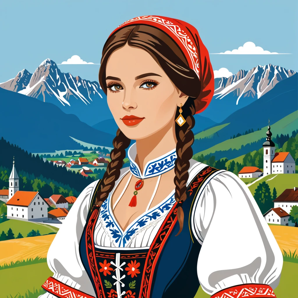 woman in slovenia folk outfit, vector graphics, strong contours
