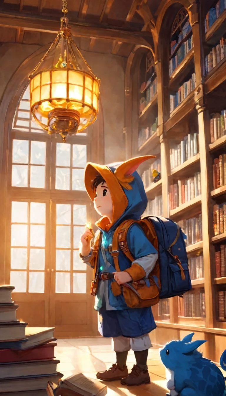 (一只dragon仔,cartoon) wear (Adventure set,Outdoor adventure clothing) Stand in front (magic library,The library is full of books,magic的书架,mystery收藏). hamster and a (Explorer Backpack,expedition backpack) on its back. The library is full (mystery古籍,A magnum opus of magic,Engaging reels,manuscript) There is still one (big chandelier,magic chandelier) Hanging from the ceiling, Casting Soft (warm light,magic light) on site. dragon&#39;Her eyes twinkled with curiosity，Look around in awe. Hamster excitedly embarks on a magic adventure, Get ready to uncover the secrets hidden in the library&#39;s books. The colors in the scene are:::: (Energetic,magic,rich), If you have any suggestions (mystery,Ethereal) The color palette creates a charming atmosphere. The image should be (best quality,high resolution,Very detailed), Each topic and page is carefully presented.