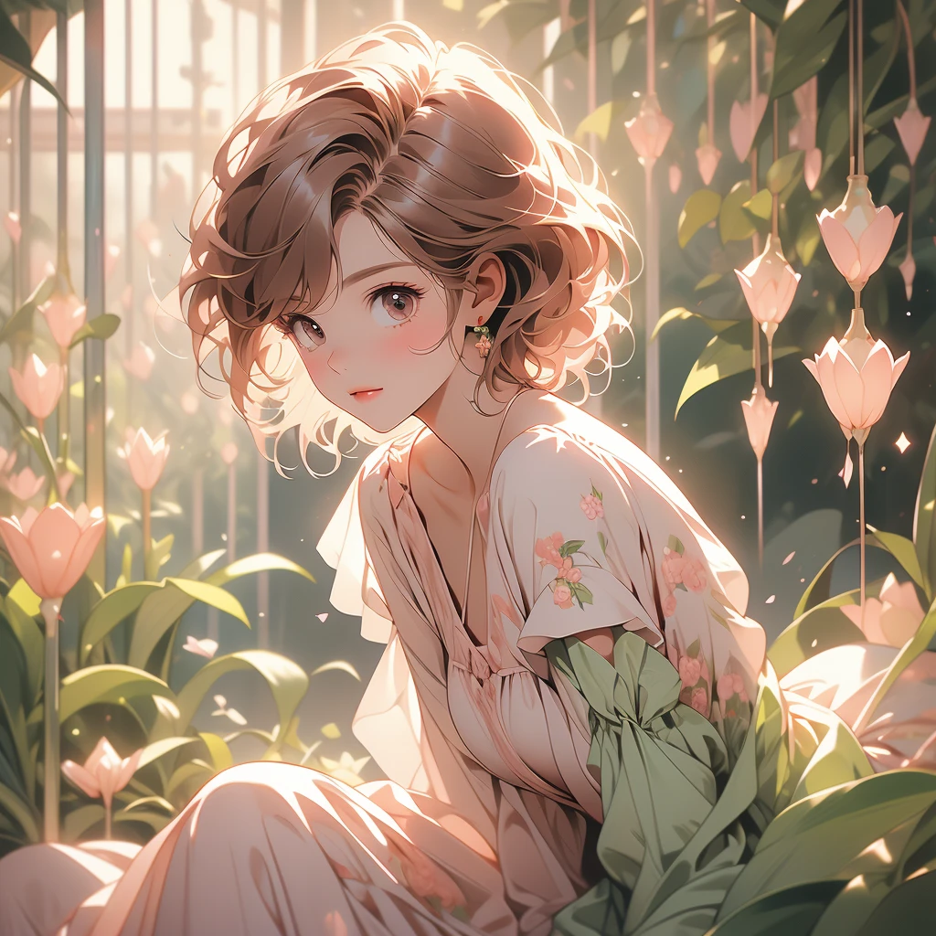 sitting, wariza, from above, spring clothes, light green floral print dress, pumps, Lots of colorful tulips, flower fields, warm atmosphere, rays of light from trees, backlit, profile
upper body, twinkle smile, 1girl, solo, 16years old, detailed beautiful face and eyes, brown eyes, (flat breasts:1.3), (very short hair:1.2), (bangs:1.2), (brown pink hair:1.2), hair fluttering, (well-proportioned body:1.2), (dynamic angle:1.3)
(masterpiece:1.2) , (best quality:1.2) , (ultra-detailed:1.2), more prism, vibrant color, ,hair over eyes, hair over one eye