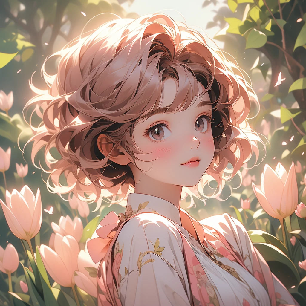 sitting, wariza, from above, spring clothes, light green floral print dress, pumps, Lots of colorful tulips, flower fields, warm atmosphere, rays of light from trees, backlit, profile
upper body, twinkle smile, 1girl, solo, 16years old, detailed beautiful face and eyes, brown eyes, (flat breasts:1.3), (very short hair:1.2), (bangs:1.2), (brown pink hair:1.2), hair fluttering, (well-proportioned body:1.2), (dynamic angle:1.3)
(masterpiece:1.2) , (best quality:1.2) , (ultra-detailed:1.2), more prism, vibrant color, ,hair over eyes, hair over one eye