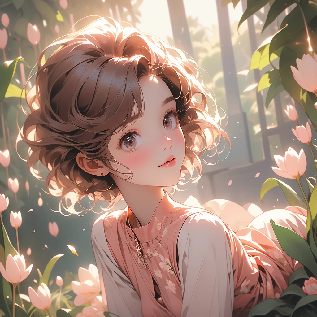 sitting, wariza, from above, spring clothes, light green floral print dress, pumps, Lots of colorful tulips, flower fields, warm atmosphere, rays of light from trees, backlit, profile
upper body, twinkle smile, 1girl, solo, 16years old, detailed beautiful face and eyes, brown eyes, (flat breasts:1.3), (very short hair:1.2), (bangs:1.2), (brown pink hair:1.2), hair fluttering, (well-proportioned body:1.2), (dynamic angle:1.3)
(masterpiece:1.2) , (best quality:1.2) , (ultra-detailed:1.2), more prism, vibrant color, ,hair over eyes, hair over one eye