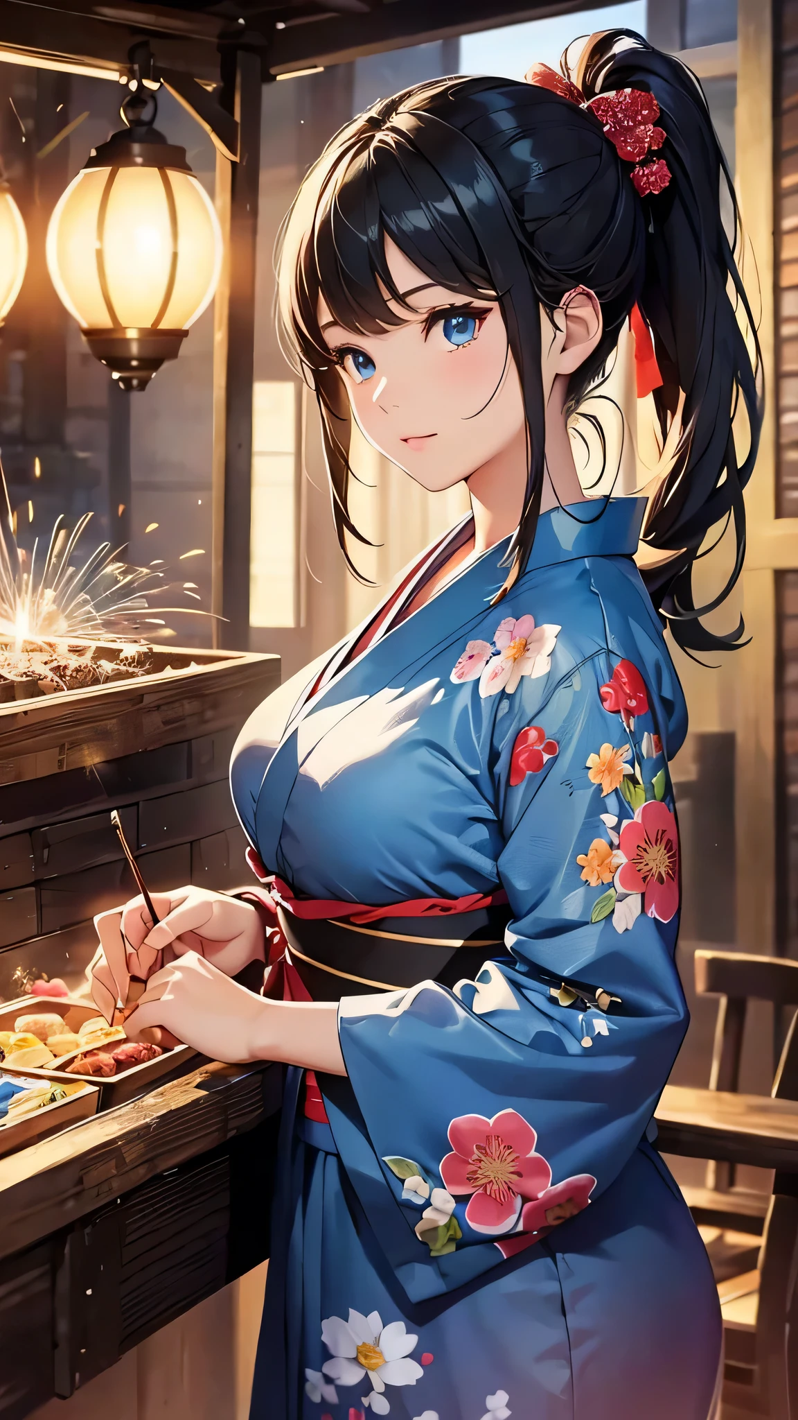 最high quality、Best image quality、masterpiece、With a girl((cute、、Best Bust、Medium Bust、Beautiful Blue Eyes、Spread your chest wide,Black Hair、ponytail、Disheveled Hair、thin、Highest Valley、Red yukata))high quality、Beautiful art、background((festival、stall、Fireworks)),Tabletop、Exquisite design、Visual Arts、Written boundary depth、Best lighting、Highest detail、8k