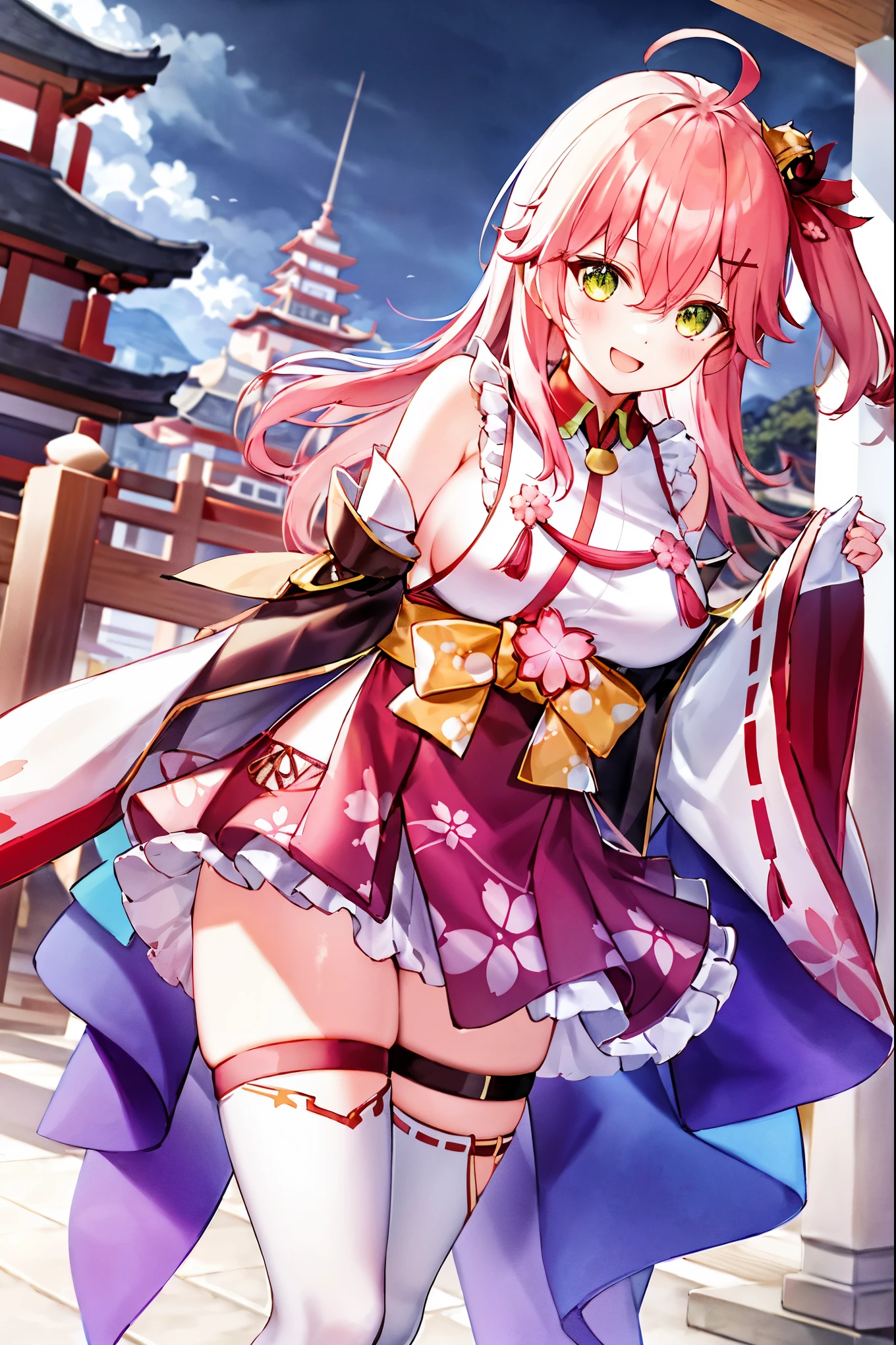 masterpiece, best quality, highres, miko1, sakura_miko, 1girl, big_boobs, solo, ahoge, x_hair_ornament, pink_hair, floral print, hairclip,(side_less_clothes:1.5), (side_boobs:1.5), hair_bell, floral print, long_hair, hair between eyes, one side up, white thighhighs, asymmetrical legwear, wide sleeves, open_mouth,(happy:1.3),gleen_eyes,big_smile,(rise_leg:1.3),plump,apart_legs,(overly_long_sleeves:1.3),),sleeves_past_wrists,hands_hidden_sleeves,sidelock_clothes,dynamic_posing,solo,hidden_wrists,(XD:1.4),covered_nipples,sunlight,cherryblossom_temple_landscape_background,