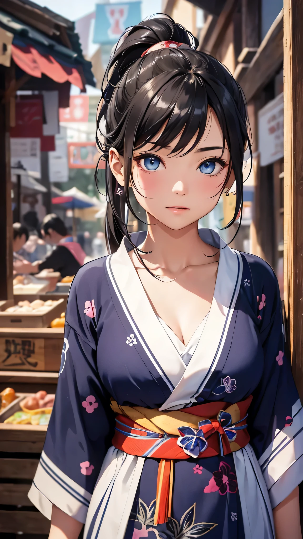 最high quality、Best image quality、masterpiece、With a girl((cute、16 years old、Best Bust、Medium Bust、Beautiful Blue Eyes、Spread your chest wide,Black Hair、ponytail、Disheveled Hair、thin、Highest Valley、Red yukata))high quality、Beautiful art、background((festival、stall、Fireworks)),Tabletop、Exquisite design、Visual Arts、Written boundary depth、Best lighting、Highest detail、8k