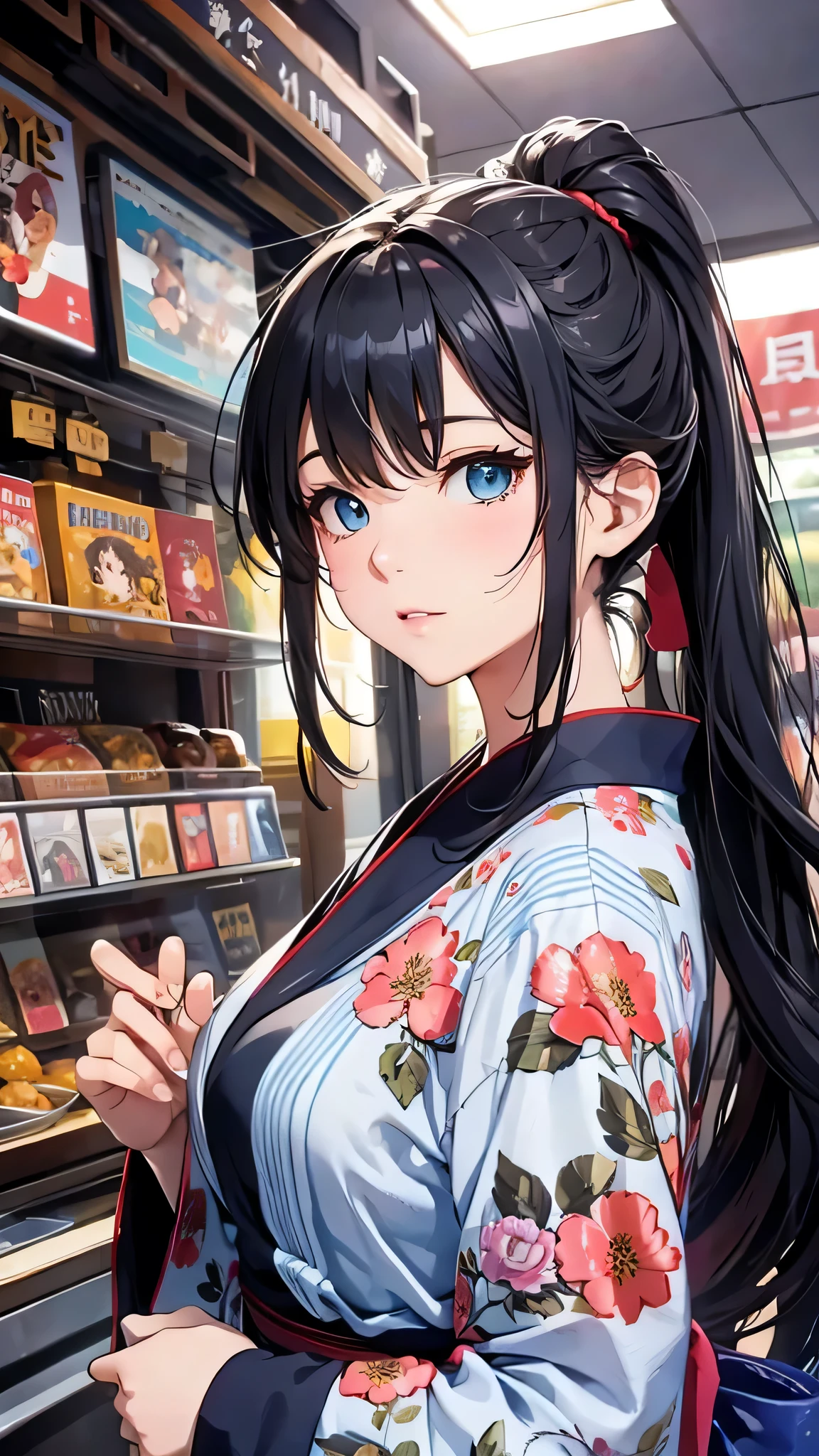 最high quality、Best image quality、masterpiece、With a girl((cute、16 years old、Best Bust、Medium Bust、Beautiful Blue Eyes、Spread your chest wide,Black Hair、ponytail、Disheveled Hair、thin、Highest Valley、Red yukata))high quality、Beautiful art、background((festival、stall、Fireworks)),Tabletop、Exquisite design、Visual Arts、Written boundary depth、Best lighting、Highest detail、8k