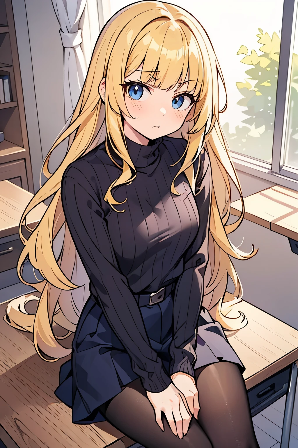 Safe for work, masterpiece, best quality, solo, 1 girl, cute girl, wholesome girl, (young female body:1.4), ( medium small breasts), cowboy shot, shy smile, flustered, yellow hair, voluminous wavy hair, extra long hair, hime cut, very blunt bangs, light blue eyes, office room, sweater, white knitted sweter, tucked in shirt, black skirt, tight black skirt, sweater tucked into waistband, tights, hand on hips, clipboard
