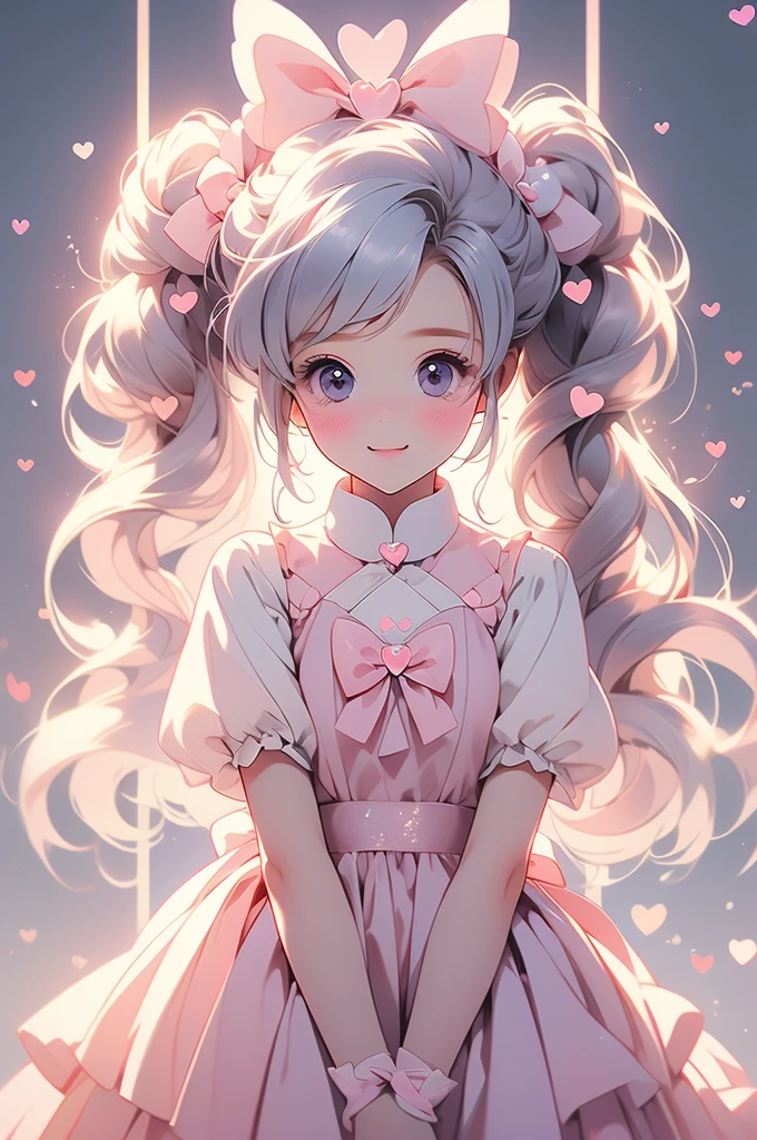 (pastel:1.2)、(Chibi Girl:1.2)、(Highest quality、8k、Super detailed、Real: 1.2)、Ezvian everywhere、Long twin tails、Bow and Bow、Heart Eyes、Fluffy dress、Glaring look、Cute Smile、Fluffy Robot Rabbit_Floating、Hold Fluffy Light、original、Round background、Colorful gradient