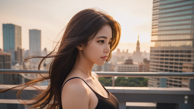 Beautiful woman standing on the roof of a big city building、Hold your hand over your forehead、Hair fluttering in the wind、Black Tank Top、Realistic photo、Professional photography with attention to detail、Strong backlighting