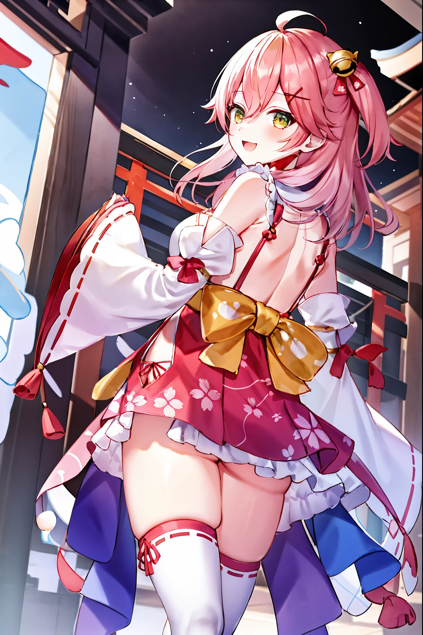 masterpiece, best quality, highres, miko1, sakura_miko, 1girl, big_boobs, solo, ahoge, x_hair_ornament, pink_hair, floral print, hairclip,(side_less_clothes:1.5), (side_boobs:1.5), hair_bell, floral print, long_hair, hair between eyes, one side up, white thighhighs, asymmetrical legwear, wide sleeves, open_mouth,(happy:1.3),gleen_eyes,big_smile,(rise_leg:1.3),plump,apart_legs,(overly_long_sleeves:1.3),),sleeves_past_wrists,hands_hidden_sleeves,sidelock_clothes,dynamic_posing,solo,hidden_wrists,(XD:1.4),covered_nipples,sunlight,cherryblossom_temple_landscape_background,