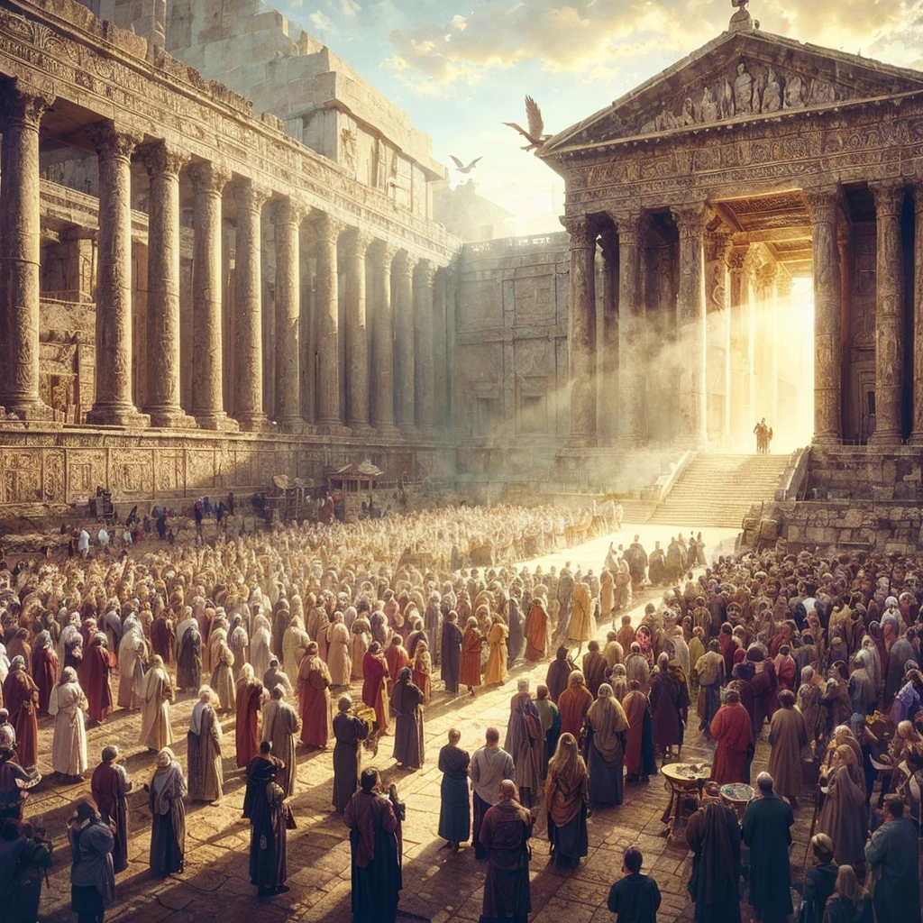 A photo from the Second Temple period shows the temple from the outside, the gathering of the people and the Jewish hyper - realistic photography illustrations, fauna and flora accuracy, pixelated realism, forest color grading, strong facial expression --ar 3:4 --s 750priests blessing the people. Biblical style cinematography and art as a principle should give an idea of light and spirituality.