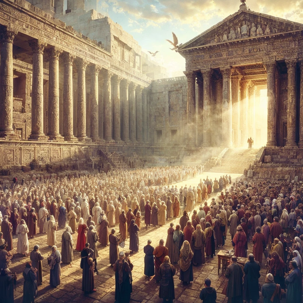 A photo from the Second Temple period shows the temple from the outside, the gathering of the people and the Jewish   hyper - realistic photography illustrations, fauna and flora accuracy, pixelated realism, forest color grading, strong facial expression --ar 3:4 --s 750priests blessing the people. Biblical style cinematography and art as a principle should give an idea of ​​light and spirituality.