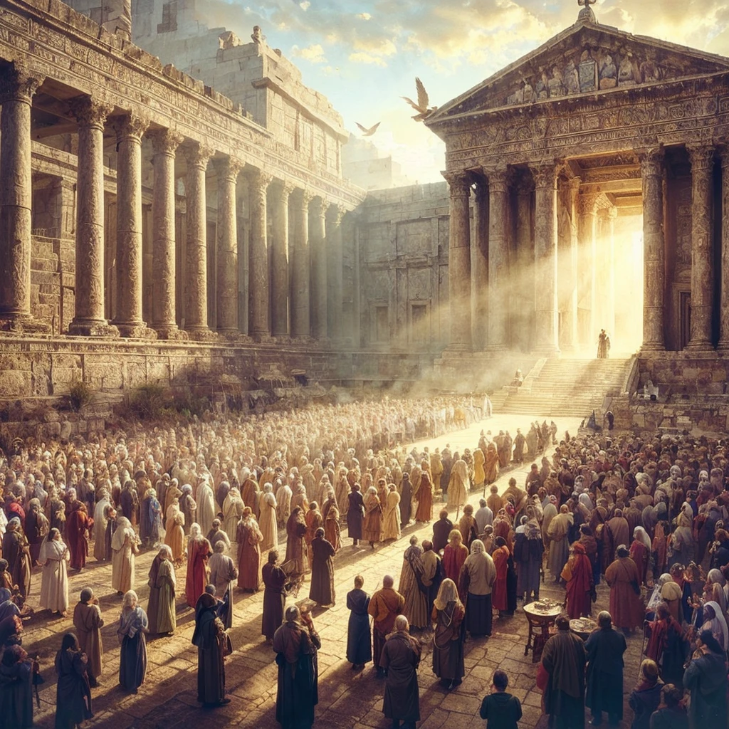 A photo from the Second Temple period shows the temple from the outside, the gathering of the people and the Jewish   hyper - realistic photography illustrations, fauna and flora accuracy, pixelated realism, forest color grading, strong facial expression --ar 3:4 --s 750priests blessing the people. Biblical style cinematography and art as a principle should give an idea of ​​light and spirituality.