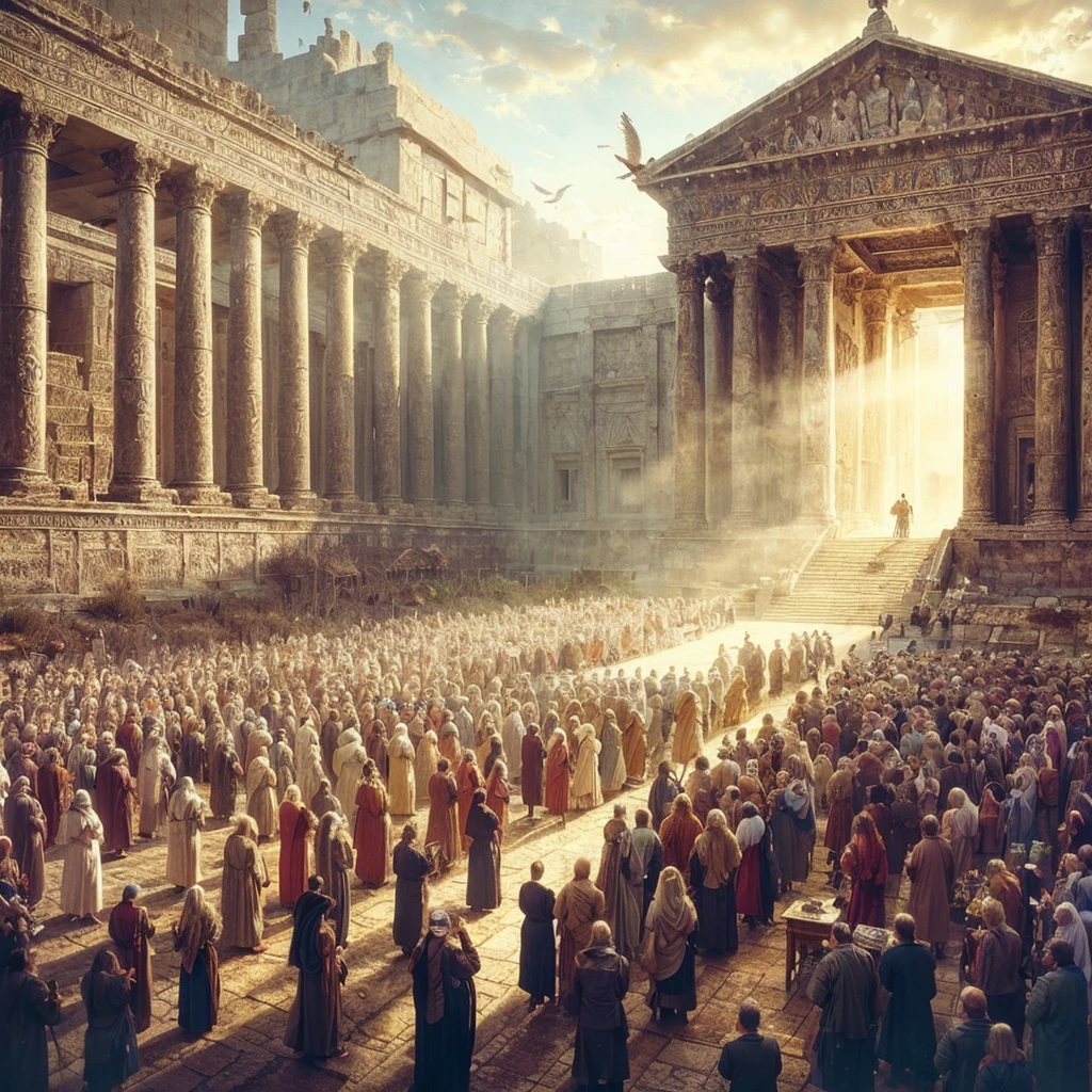 A photo from the Second Temple period shows the temple from the outside, the gathering of the people and the Jewish   hyper - realistic photography illustrations, fauna and flora accuracy, pixelated realism, forest color grading, strong facial expression --ar 3:4 --s 750priests blessing the people. Biblical style cinematography and art as a principle should give an idea of ​​light and spirituality.