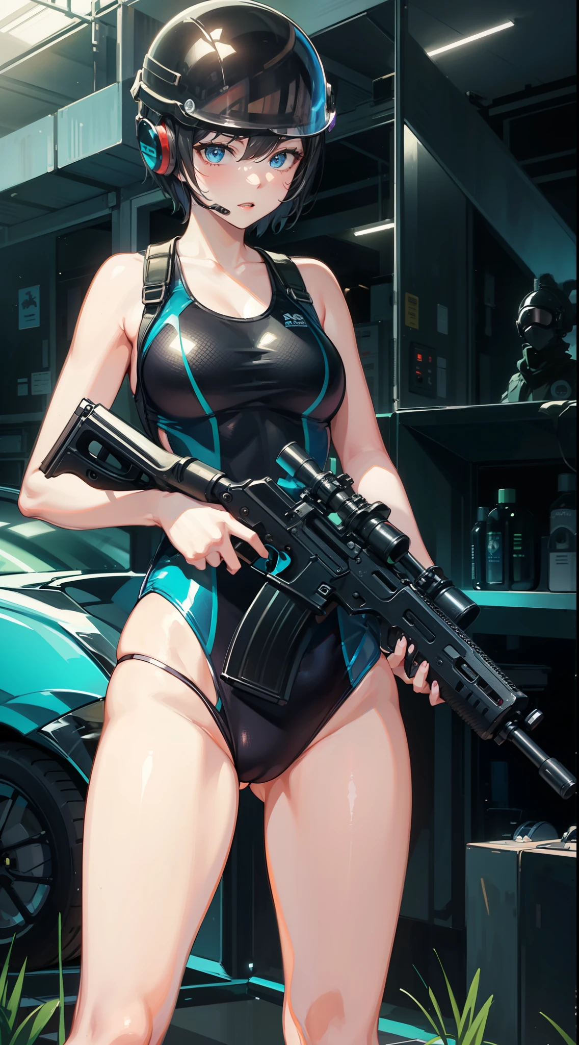 A young woman with short hair and a bold expression、Wearing a one-piece swimsuit and helmet、I have a rifle in my hand。she、Surrounded by sleek designs of futuristic headsets and eyes covered with goggles。Swimsuits take center stage。She stands confidently、Hold your gun、Because I&#39;m ready to compete、The chest is prominent。