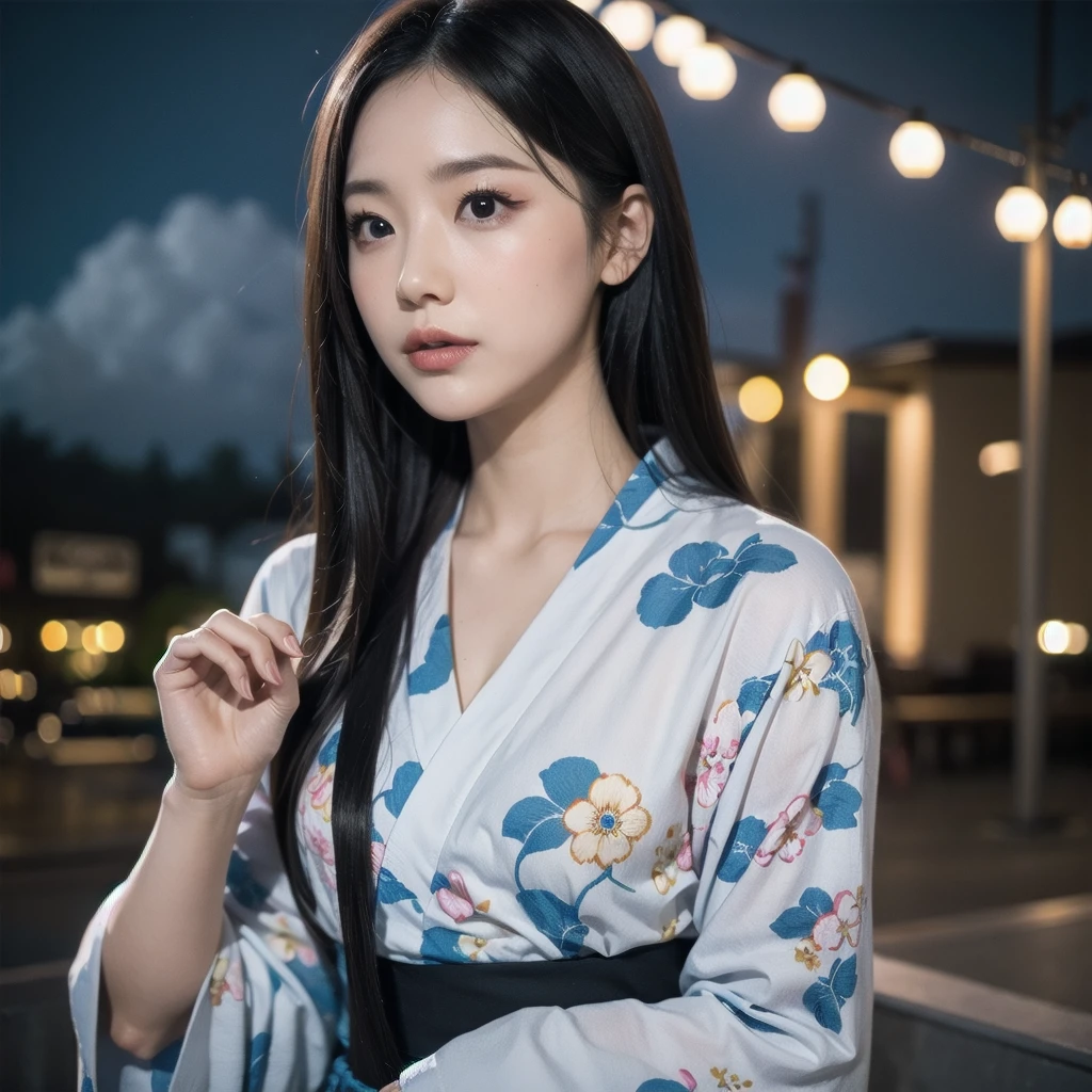 (firework), (upper body:1.5), Cumulonimbus clouds floating in the night sky, (Summer Yukata:1.1), (30 years old:1.2), (make up:1.3), (Very slim:1.4), Brown eyes
