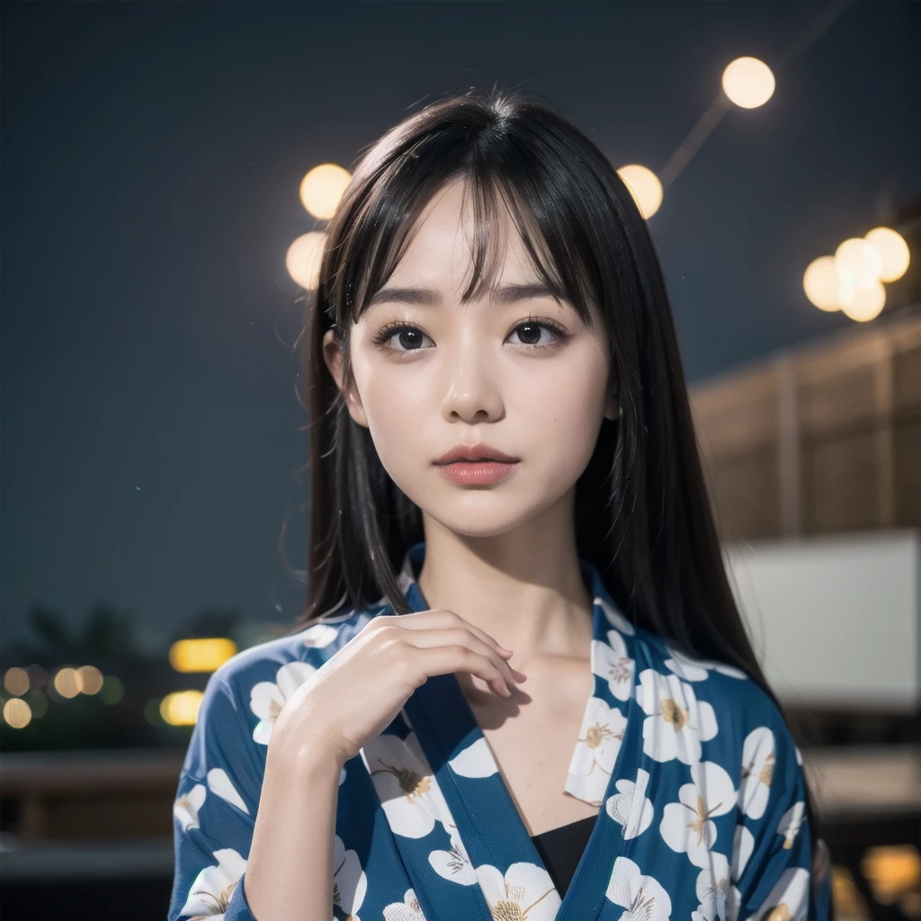 (firework), (upper body:1.5), Cumulonimbus clouds floating in the night sky, (Summer Yukata:1.1), (30 years old:1.2), (make up:1.3), (Very slim:1.4), Brown eyes