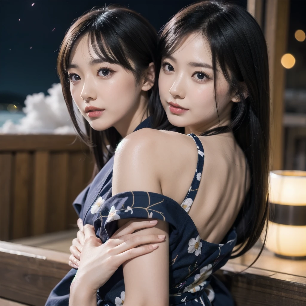 (firework), (upper body:1.5), Cumulonimbus clouds floating in the night sky, (Summer Yukata:1.1), (30 years old:1.2), (make up:1.3), (Very slim:1.4), Brown eyes
