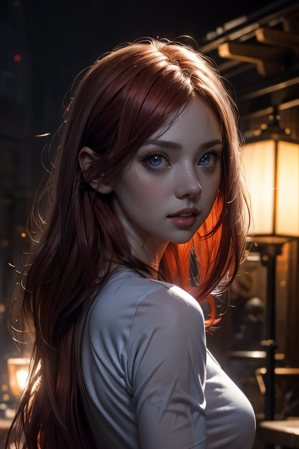 light red hair, vibrant blue eyes, pale white skin, portrait, rock clothing, band clothing, fine nose, thin chin, dark night scene, RAW color art with high detail., (detailed skin, skin texture), (muscle), intricate details, fine details, hyperdetailed, ray tracing, subsurface dispersion, soft and diffuse lighting, red and blue spotlight, por Jeremy Mann, Greg Manchess, Antonio Moro, trend in artstation, trend on CGSociety, Intricate, High detail, sharp focus, Dramatic, photorealistic Midjourney painting, background bokeh, pub, Best Quality, masterpiece, only 1 girl, fullbody portrait, dark atmosphere at night, look at the viewer, White T-shirt, blue jeans, night bar, country scene, thin girl