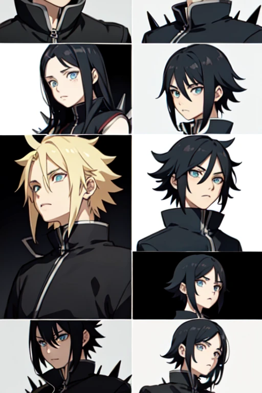 Screenshot Naruto Shippuden.
Anime boy with black spiky hair, but with a slightly different style than Sasuke, preventing it from being identical. Your hair has strands that are separated more irregularly. His eyes are a dark tone, but with a slightly different shape, with an expression that conveys seriousness and intensity, but less gloomy than Sasuke's. His skin is clear. Wear a tight black long sleeve t-shirt, with another loose purple t-shirt on top, perhaps with a less high or more stylized collar. His expression reflects a mixture of determination and calm., differentiating it from the typical intimidating air