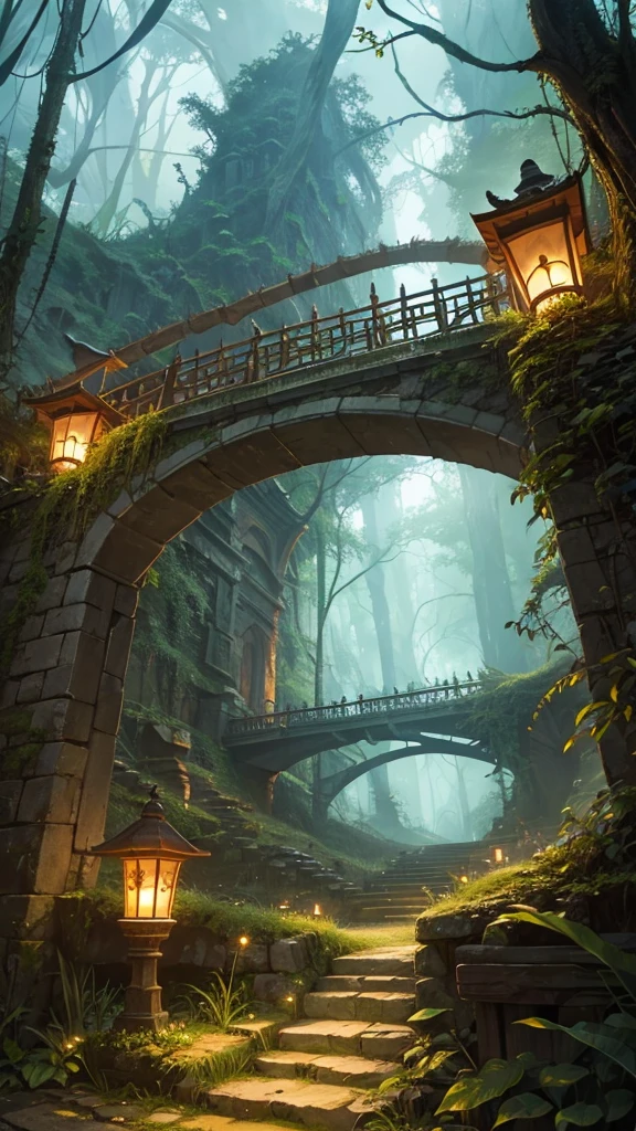 A bridge in the middle of the jungle, ancient relics, fantasy forest scenery, firefly light