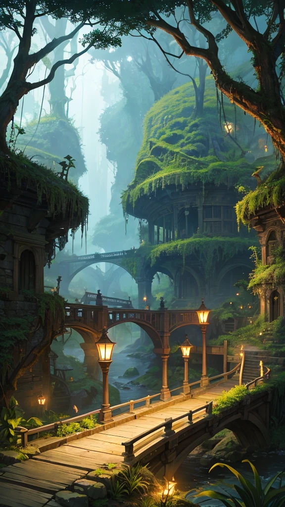 A bridge in the middle of the jungle, ancient relics, fantasy forest scenery, firefly light