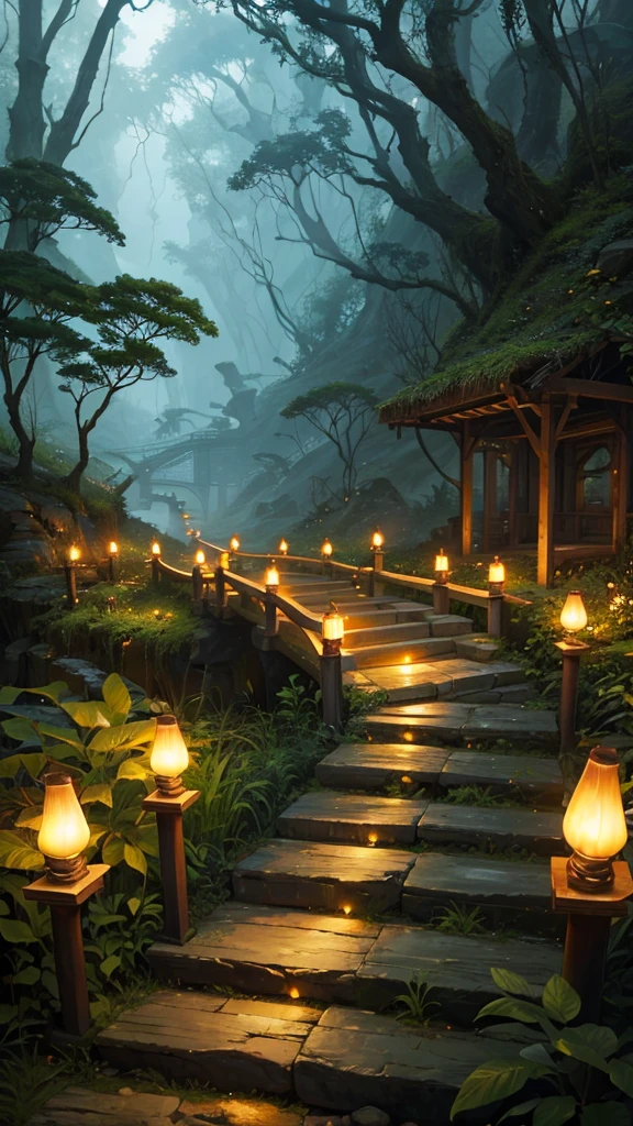 A bridge in the middle of the jungle, ancient relics, fantasy forest scenery, firefly light