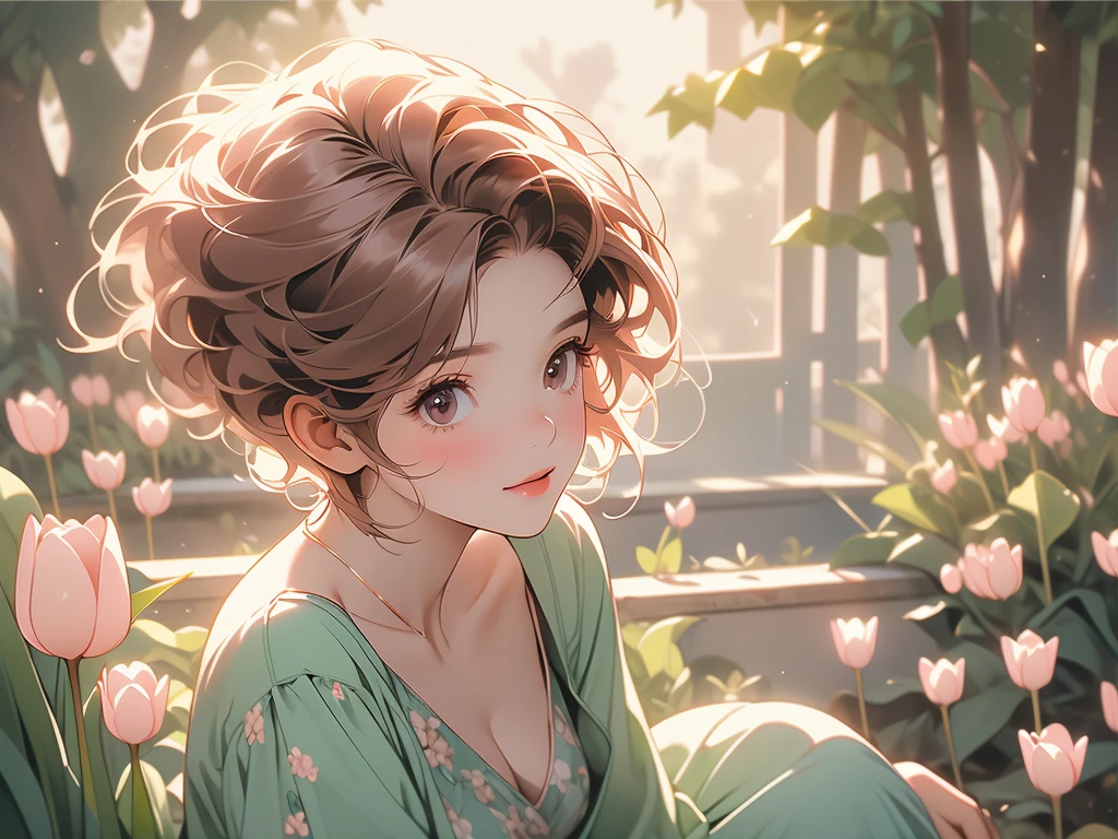 sitting, wariza, from above, spring clothes, light green floral print dress, pumps, Lots of colorful tulips, flower fields, warm atmosphere, rays of light from trees, backlit, profile
upper body, twinkle smile, 1girl, solo, 16years old, detailed beautiful face and eyes, brown eyes, (flat breasts:1.3), (very short hair:1.2), (bangs:1.2), (brown pink hair:1.2), hair fluttering, (well-proportioned body:1.2), (dynamic angle:1.3)
(masterpiece:1.2) , (best quality:1.2) , (ultra-detailed:1.2), more prism, vibrant color, ,hair over eyes, hair over one eye