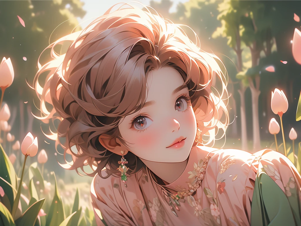 sitting, wariza, from above, spring clothes, light green floral print dress, pumps, Lots of colorful tulips, flower fields, warm atmosphere, rays of light from trees, backlit, profile
upper body, twinkle smile, 1girl, solo, 16years old, detailed beautiful face and eyes, brown eyes, (flat breasts:1.3), (very short hair:1.2), (bangs:1.2), (brown pink hair:1.2), hair fluttering, (well-proportioned body:1.2), (dynamic angle:1.3)
(masterpiece:1.2) , (best quality:1.2) , (ultra-detailed:1.2), more prism, vibrant color, ,hair over eyes, hair over one eye