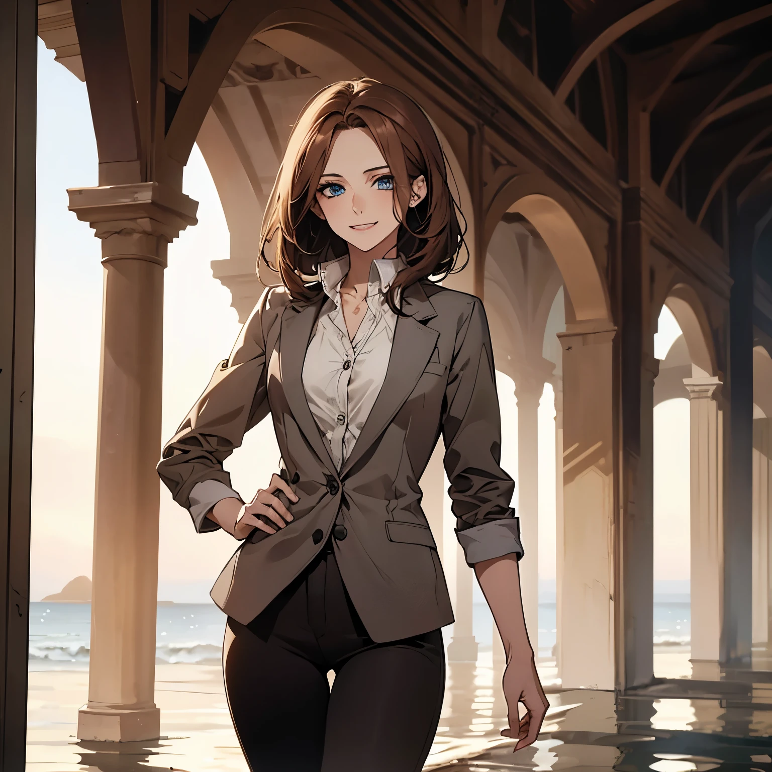 (Highest quality,High resolution,Very detailed),1 girl, Beautiful and elegant light blue eyes, Brown Hair, Cold Smile,Bob Hair, Jacket,skinny pants, Mature Woman, Age 26,Cruel smile, Calm and Calm, Slim figure, Pale complexion, thin, Calm,Small breasts, secretary,Seaside at dawn
