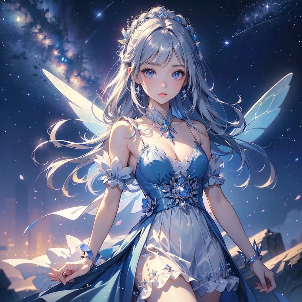 1girl,(((Super detailed、Highest quality、Masterpiece、Dynamic composition、Award-winning works)))、Anime Style、Gray Hair、Original hairstyle、Star Fairy、Angelic and fairy-like wings、Baby Face、universe、Night Sky、Milky Way、Meteors、