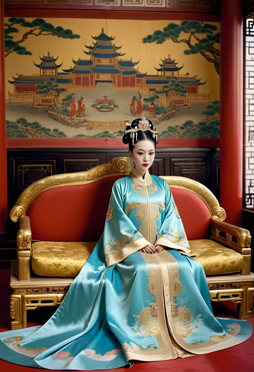 Luxurious empress at the Chinese court during the Qing Dynasty Luxurious empress at the Chinese court wearing a large sofa gold with a naked and crotched figure with her hair tied on both sides Perverted and erotic woman wearing a crown and tying her hair, background is a luxurious room of an empress at the Chinese court during the Qing Dynasty