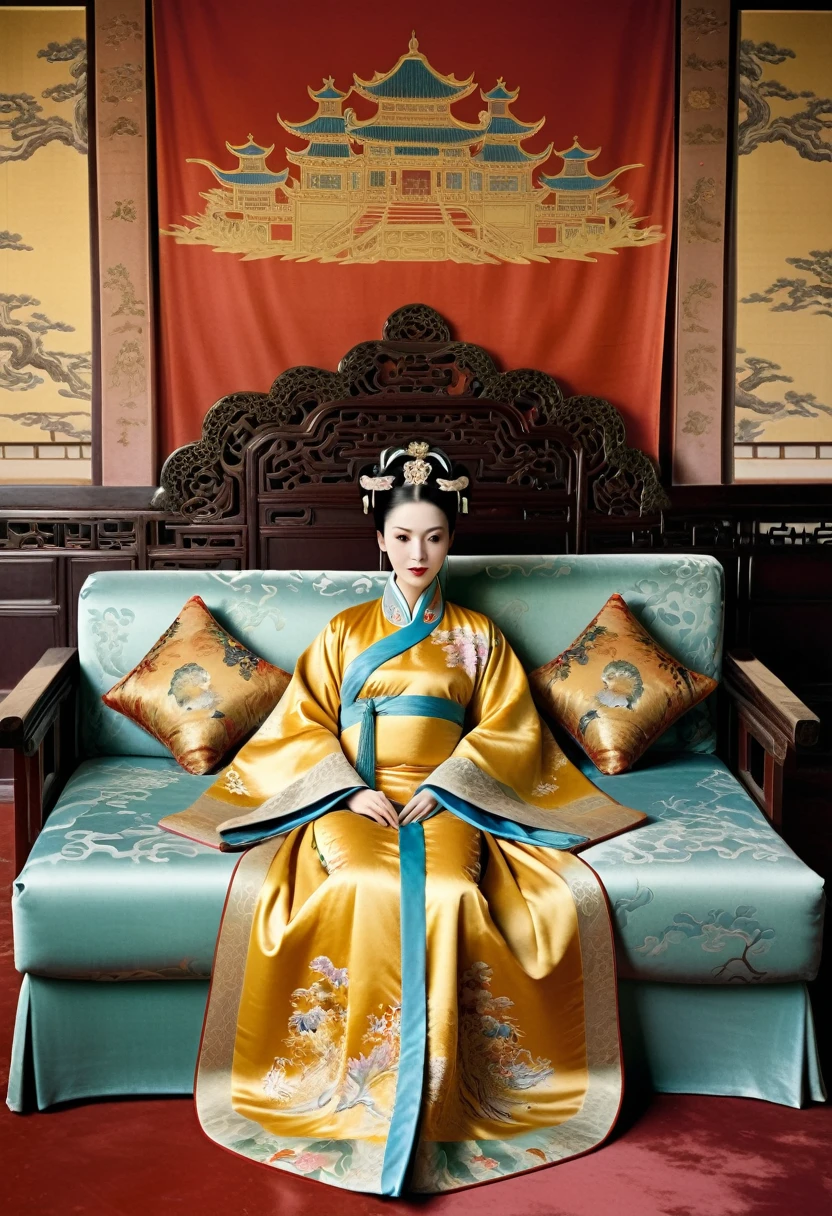 Luxurious empress at the Chinese court during the Qing Dynasty Luxurious empress at the Chinese court wearing a large sofa gold with a naked and crotched figure with her hair tied on both sides Perverted and erotic woman wearing a crown and tying her hair, background is a luxurious room of an empress at the Chinese court during the Qing Dynasty