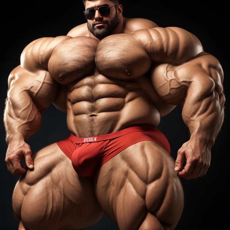 Bulge, hyper growth, hyper muscles, furry growth, a very handsome young man massively large, sunglasses, shirtless wearing red underwear, massively muscular, with massively large muscles, huge muscles, exaggeratedly huge muscles, with massively large biceps, with massively large arms, with massively large chest, with massively large shoulders, with massively large muscular body, massively large upper body, with a massively large bulge, massively large protrusion, on a black background