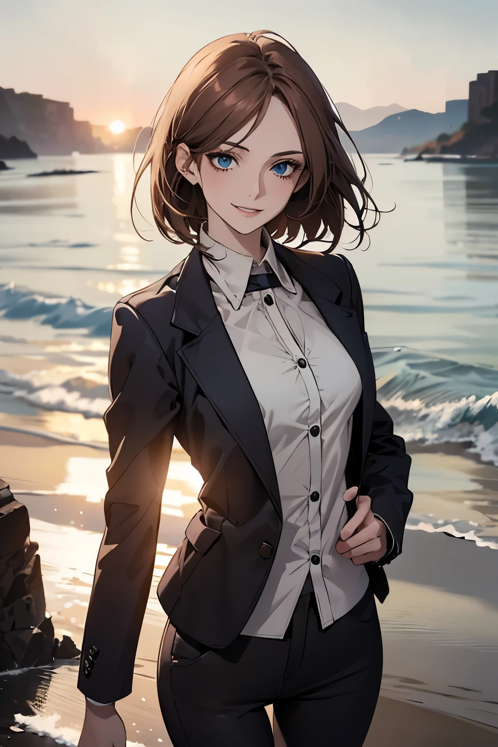 (Highest quality,High resolution,Very detailed),1 girl, Beautiful and elegant light blue eyes, Brown Hair, Cold Smile,Bob Hair, Jacket,skinny pants, Mature Woman, Age 27,Cruel smile, Calm and Calm, Slim figure, Pale complexion, thin, Calm,Small breasts, secretary,Seaside at dawn
