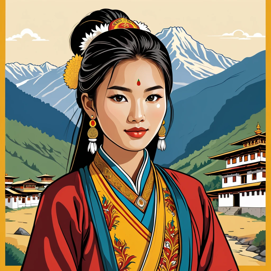 woman in bhutan folk outfit, vector graphics, strong contours
