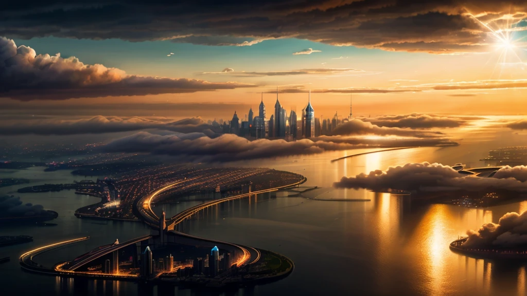 A high-resolution, clear, and detailed image of a stunning city floating amidst the clouds. The cityscape should feature sleek, futuristic buildings made of glass and metal, reflecting light and creating a shimmering effect. Elegant, suspended bridges connect the towering skyscrapers, adding to the city's ethereal quality. The horizon should be illuminated with vibrant, sparkling lights, casting a radiant glow over the entire scene. The clouds should be soft and fluffy, partially enveloping the city, enhancing the sense of it floating high above the ground. The overall atmosphere should be magical and otherworldly, with a perfect balance of illumination and reflection to capture the city’s grandeur.



