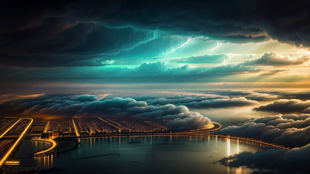 A high-resolution, clear, and detailed image of a stunning city floating amidst the clouds. The cityscape should feature sleek, futuristic buildings made of glass and metal, reflecting light and creating a shimmering effect. Elegant, suspended bridges connect the towering skyscrapers, adding to the city's ethereal quality. The horizon should be illuminated with vibrant, sparkling lights, casting a radiant glow over the entire scene. The clouds should be soft and fluffy, partially enveloping the city, enhancing the sense of it floating high above the ground. The overall atmosphere should be magical and otherworldly, with a perfect balance of illumination and reflection to capture the city’s grandeur.



