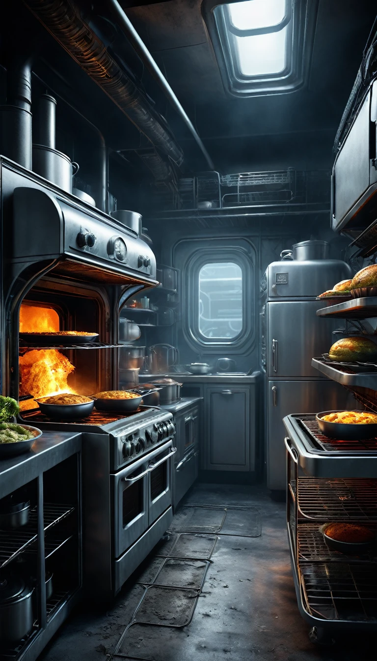 dennis ruston style，Creative product design，Very unified CG,（Alien electric oven），Complicated details，
Background with：kitchen wasteland, sci fi art, ，Excellent，Excellent，hyper realisitc，Thriller，