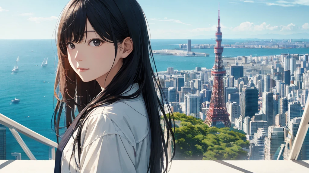 Shiraishi Mei, Looks exactly like Shiraishi Mei、Time is night、From a high-rise apartment room、Tokyo Tower in the background、Big fireworks、Oceanの方を向いている後ろ姿、Woman looking up at the sky ,Long Hair, Black Hair,, Photo from the side, Realistic, Highest quality, Detailed face, Strong sunlight, Ocean, Embankment, Detailed Background, Diffused sunlight, Written boundary depth, Bokeh (Highest quality: 1.2), (masterpiece: 1.2), Watch Viewer, one piece, White Theme, ,Vision、(((Panorama:1.2)))