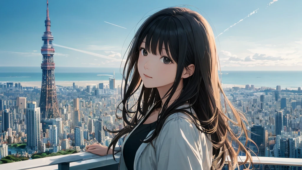 Shiraishi Mei, Looks exactly like Shiraishi Mei、Time is night、From a high-rise apartment room、Tokyo Tower in the background、Big fireworks、Oceanの方を向いている後ろ姿、Woman looking up at the sky ,Long Hair, Black Hair,, Photo from the side, Realistic, Highest quality, Detailed face, Strong sunlight, Ocean, Embankment, Detailed Background, Diffused sunlight, Written boundary depth, Bokeh (Highest quality: 1.2), (masterpiece: 1.2), Watch Viewer, one piece, White Theme, ,Vision、(((Panorama:1.2)))
