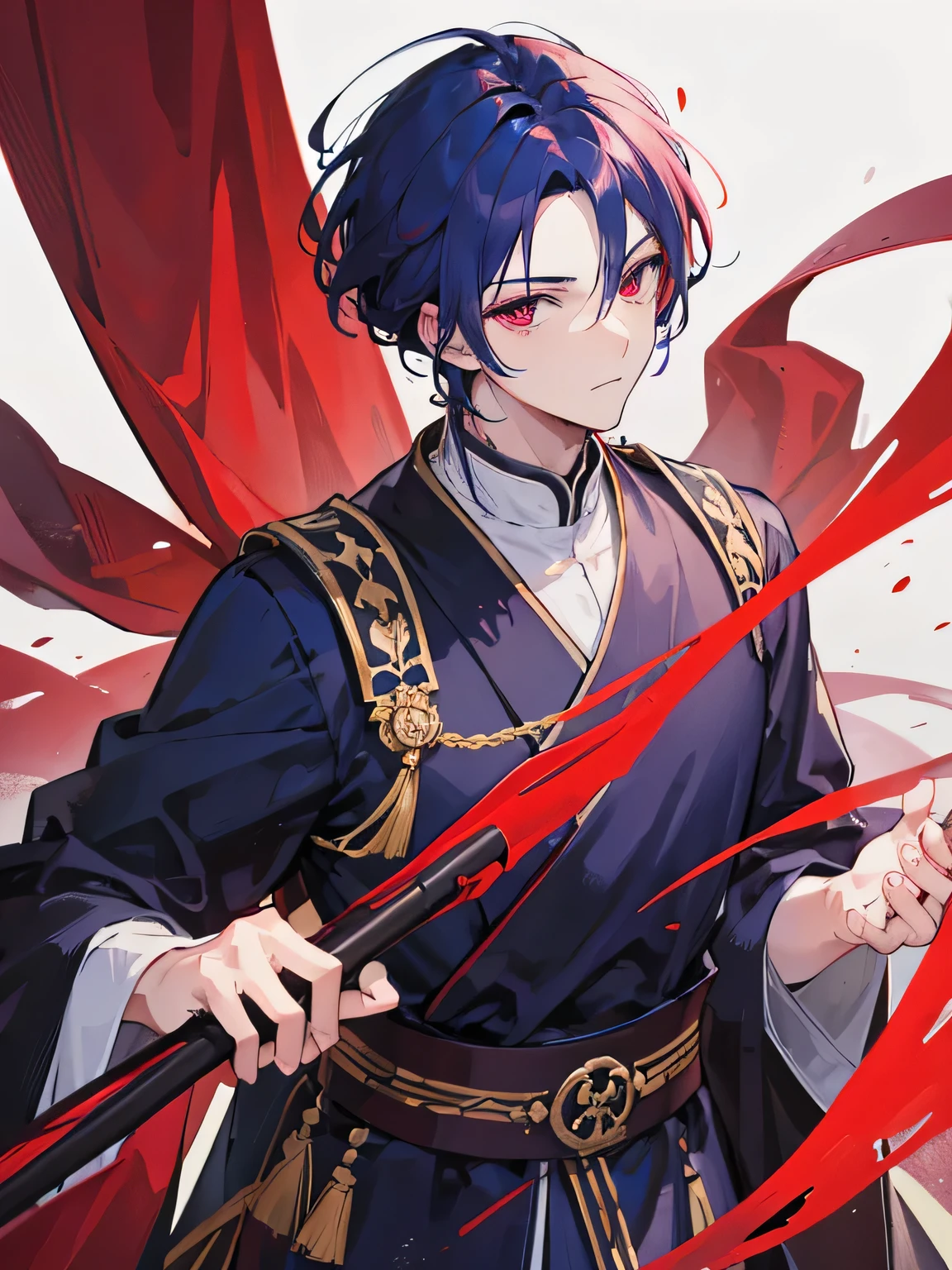 A handsome man, Monk, red crimson eyes color, dark blue hair color, 27-year-old