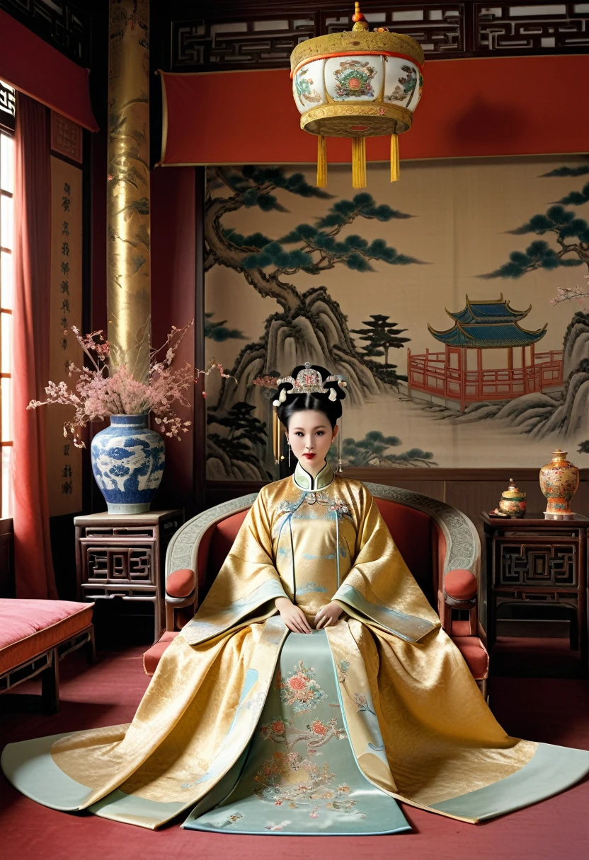 Luxurious empress at the Chinese court during the Qing Dynasty Luxurious empress at the Chinese court wearing a large sofa gold with a naked and crotched figure with her hair tied on both sides Perverted and erotic woman wearing a crown and tying her hair, background is a luxurious room of an empress at the Chinese court during the Qing Dynasty