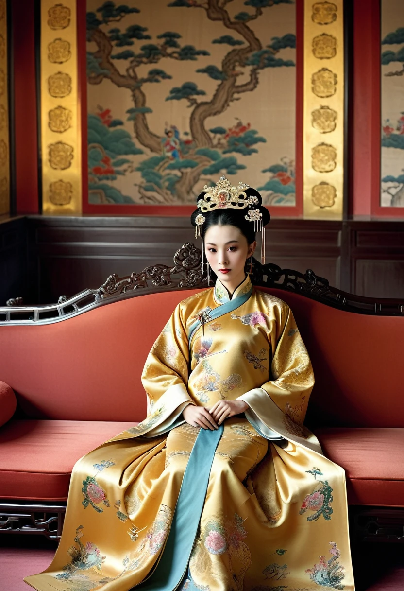 Luxurious empress at the Chinese court during the Qing Dynasty Luxurious empress at the Chinese court wearing a large sofa gold with a naked and crotched figure with her hair tied on both sides Perverted and erotic woman wearing a crown and tying her hair, background is a luxurious room of an empress at the Chinese court during the Qing Dynasty
