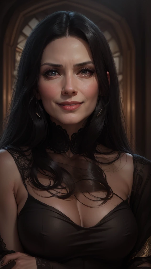 high quality, Attention to detail, Surrealism. Morticia from the Wednesday series.... As close to the image as possible...., Mature woman around 45 years old..... Ojos delinados of blacks and lavios pintados of blacks of color, Cabello Racio y Largo, the hair behind him,